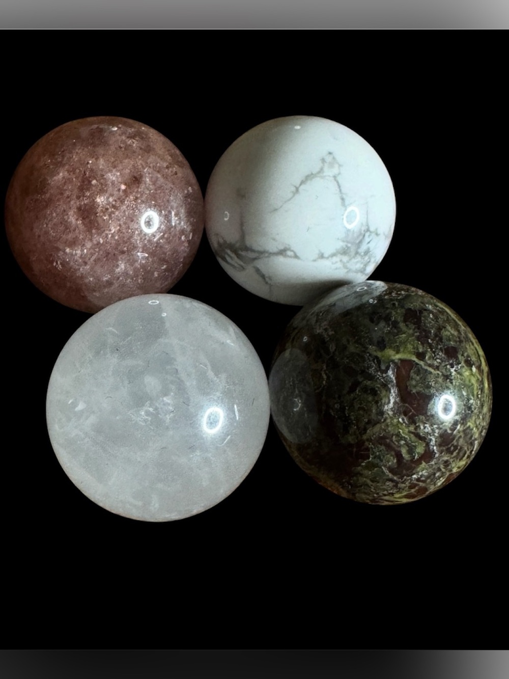 Gemstone Sphere Set_Howlite, Milky Qrtz, Strawberry Quartz & Dragon Blood Jasper - Picture 2 of 11